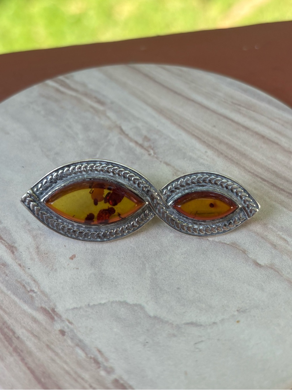 Vintage 925 Sterling Silver Baltic Amber Brooch Pin Marquise Two Stone 6.17g 2”